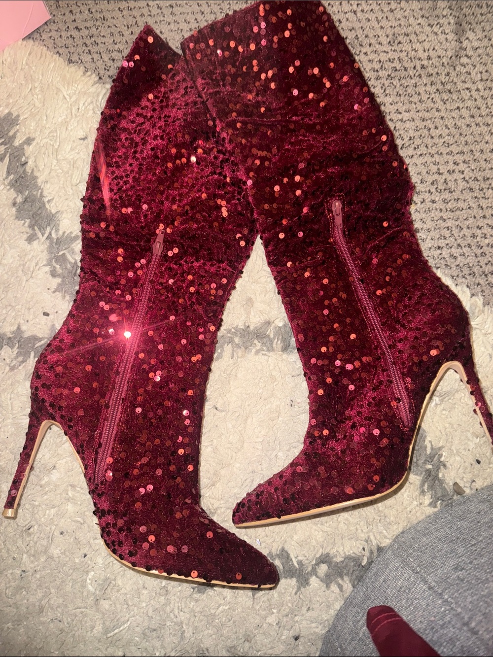 Women's Burgundy Sequin 4.5”High-Heel Boots - Stylish Evening Shoes PRICE FIRM